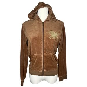 Y2K Vintage Juicy Couture Brown Velour Gold Crown Zip Up Hoodie Sweatshirt